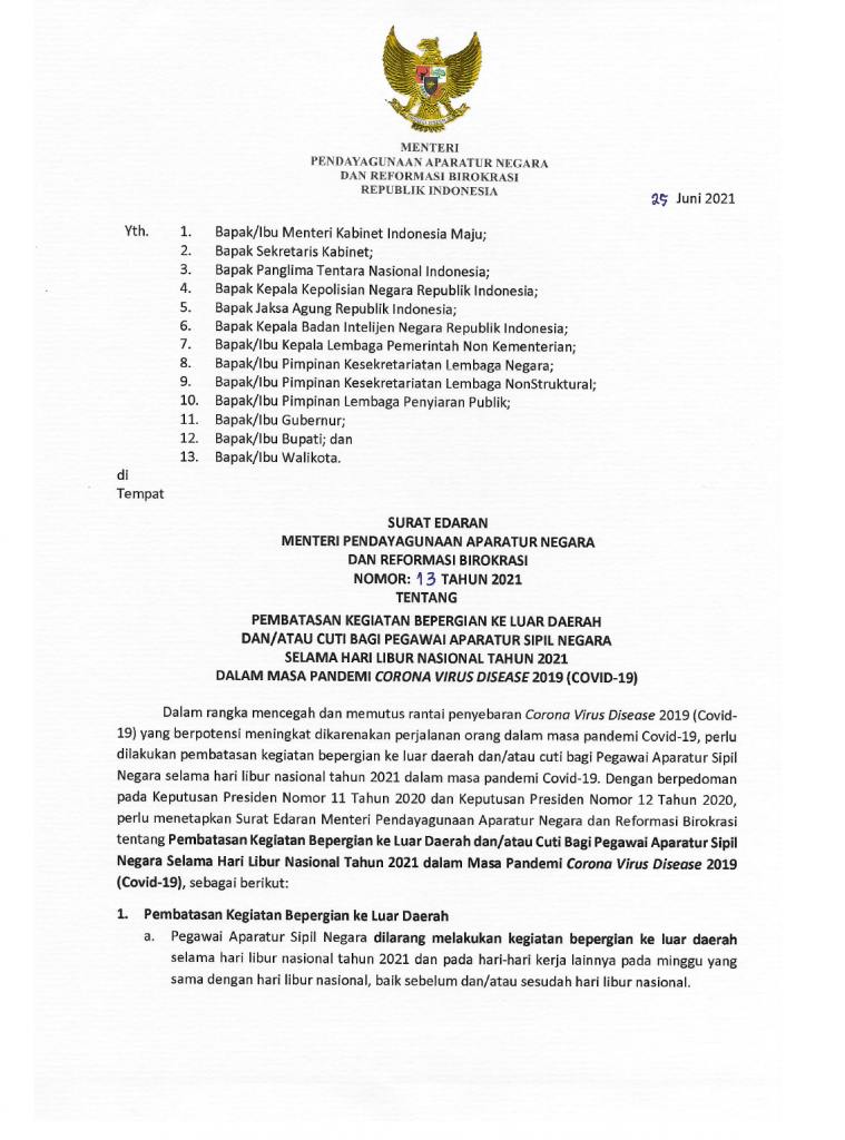 Tangkapan layar SE Menteri PANRB No.13/2021 tentang Pembatasan Kegiatan Bepergian ke Luar Derah dan/atau Cuti bagi Pegawai Aparatur Sipil Negara (ASN) Selama Hari Libur Nasional Tahun 2021 dalam Masa Pandemi Covid-19.
