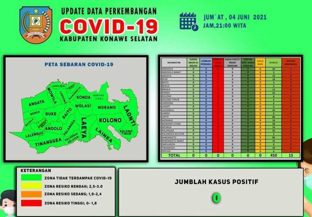 Peta penyebaran Covid-19 di Kabupaten Konawe Selatan.