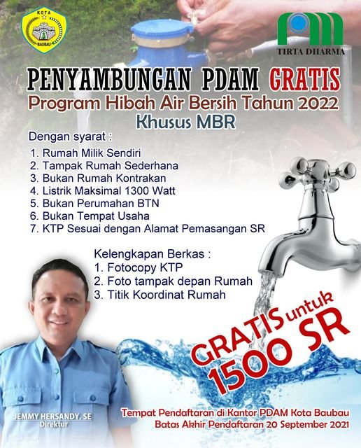 Pamflet program hibah air bersih 2022 oleh PDAM Kota Baubau. 