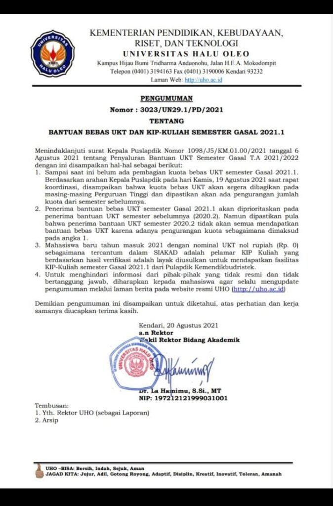 Pengumuman bantuan bebas UKT dan KIP Kuliah Semester gasal 2021.1 di Universitas Halu Oleo.