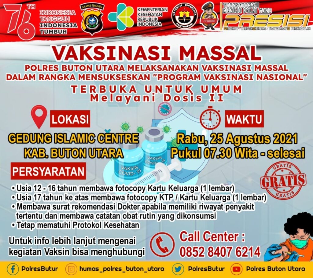 Pamflet vaksinasi massal oleh Polres Buton Utara.