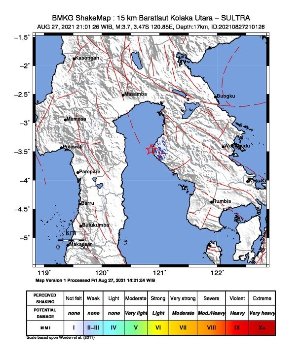 Titik gempa yang mengguncang Kabupaten Kolaka Utara.