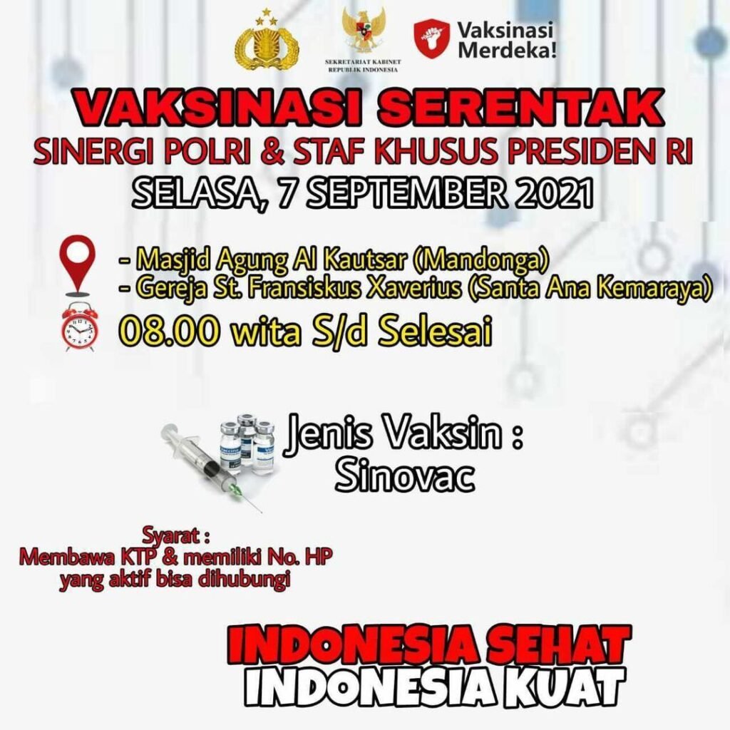 Pamflet vaksinasi serentak sinergi Polri dan Staf Khusus Presiden RI di Kota Kendari. 