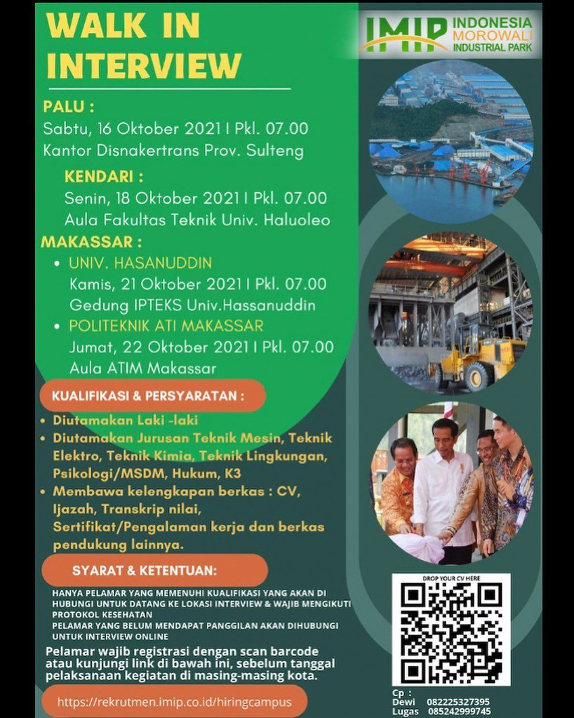 Poster lowongan kerja PT Indonesia Morowali Industrial Park (IMIP).