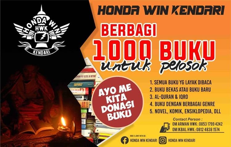 Poster berbagi 1.000 buku untuk pelosok oleh komunitas motor di Kendari.