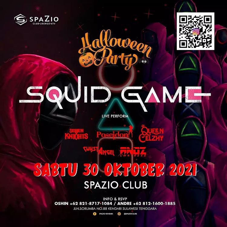 Poster event Halloween Party berkonsep Squid Game.