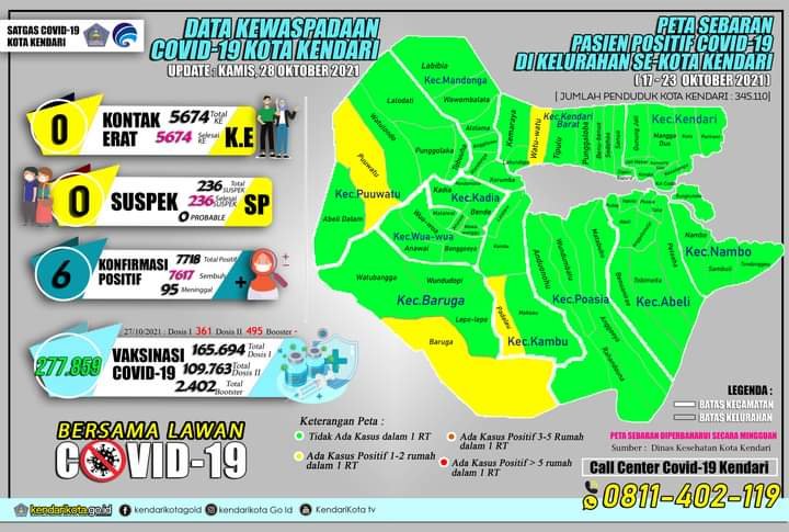 Peta sebaran angka kasus Covid-19 di Kota Kendari. 
