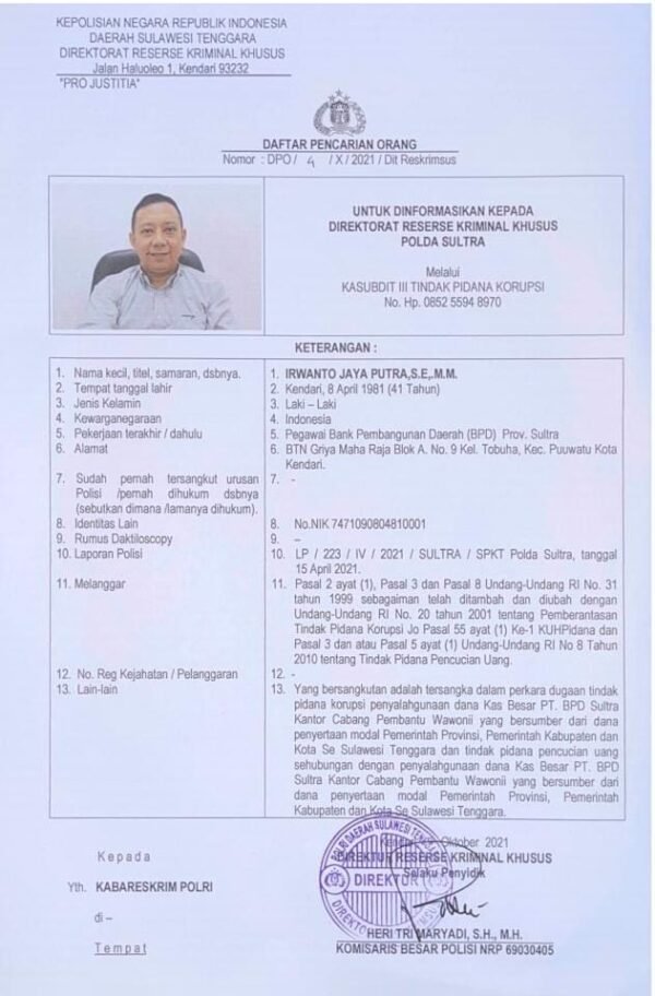 Surat DPO Irwanto Jaya Putera yang dikeluarkan oleh Polda Sultra.