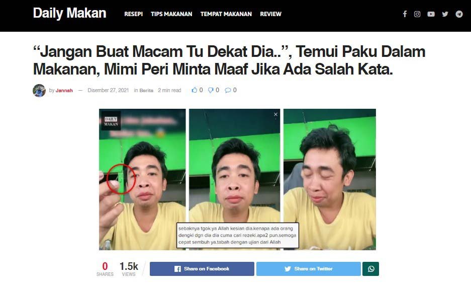 Temukan Paku saat Makan hingga Masuk Media Malaysia, Ini Penjelasan Mimi Peri
