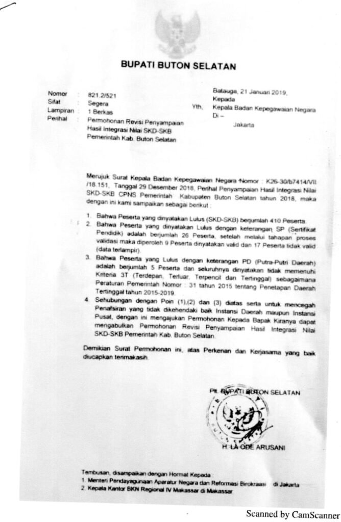 Surat dari Bupati Buton Selatan 2019 lalu. Foto: Istimewa.