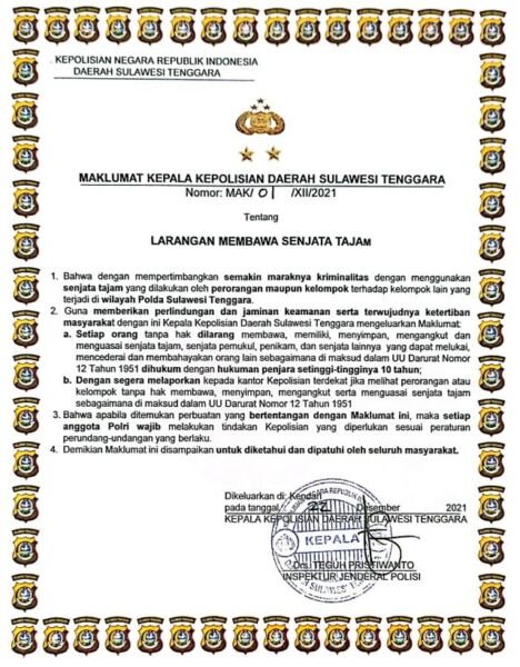 Maklumat Kapolda Sultra berisi larangan membawa senjata tajam (sajam).