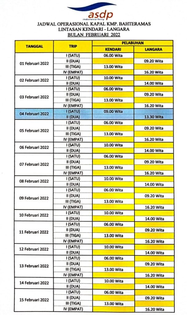 Jadwal operasional Kapal KMP Bahteramas rute Kendari – Langara dan sebaliknya selama 1 - 15 Februari 2022.