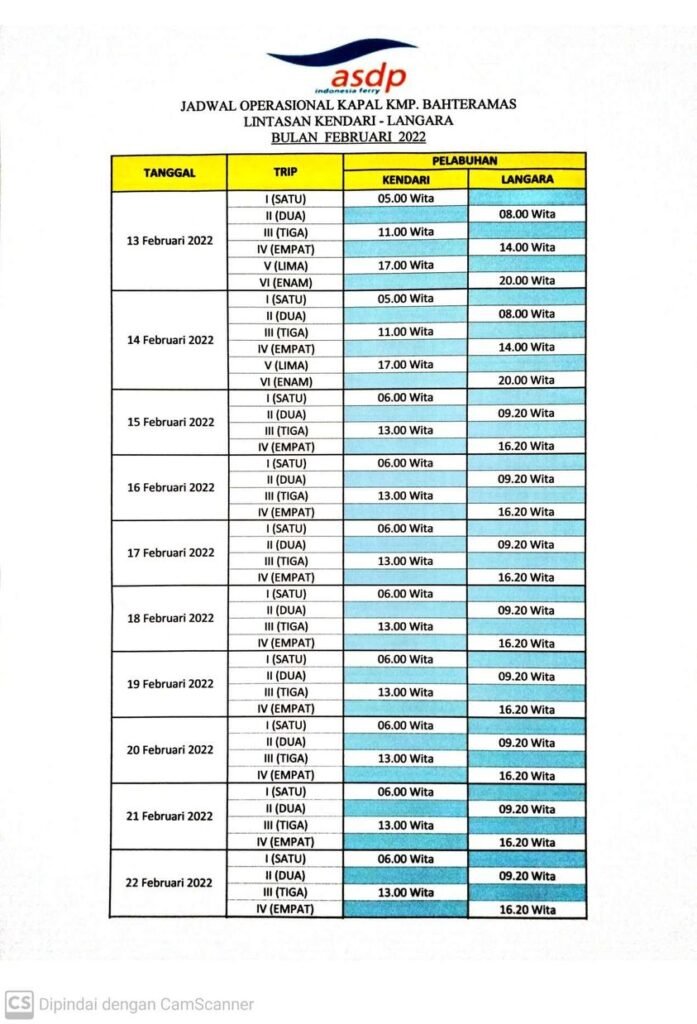 Jadwal operasional Kapal KMP Bahteramas rute Kendari – Langara dan sebaliknya selama 13 – 22 Februari 2022.