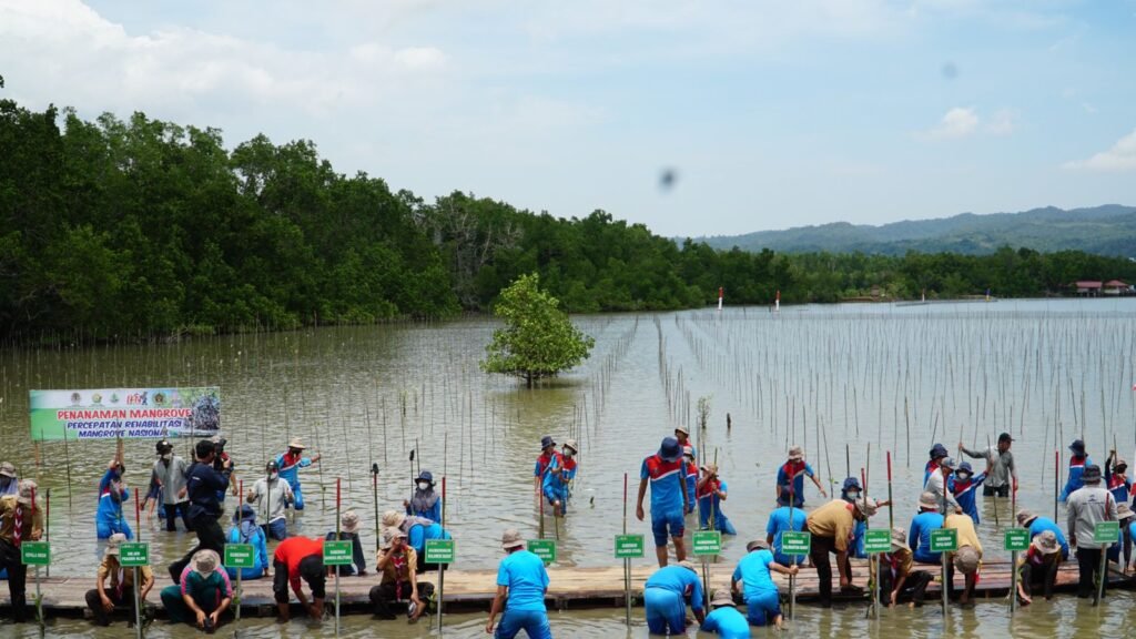Suasana penanaman mangrove oleh masyarakat dan pelajar Kota Kendari. Foto: Nasrun Katingka/Kendariinfo. (9/2/2022).