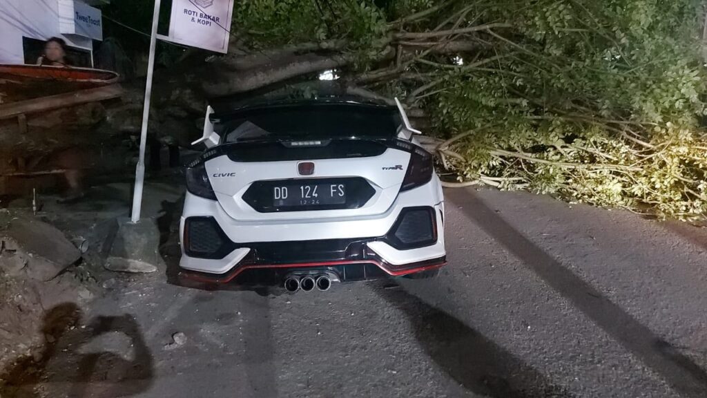 Kondisi mobil Honda Civic tipe R warna putih dengan nomor polisi (nopol) DD 124 FS tertimpa pohon tumbang di Kendari.