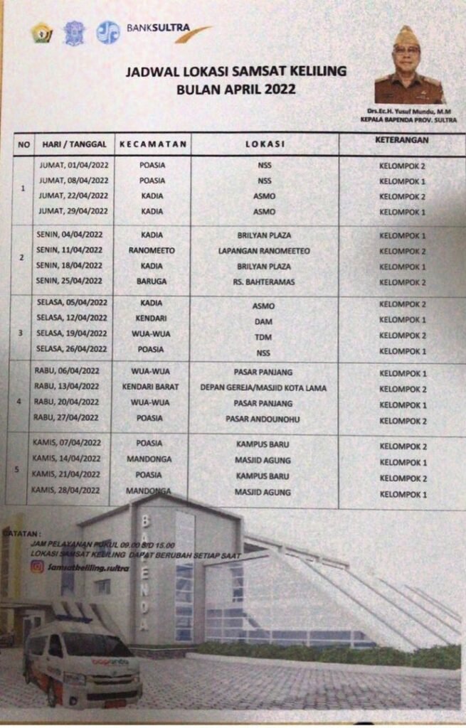 Jadwal samsat keliling di Kendari pada April 2022. 