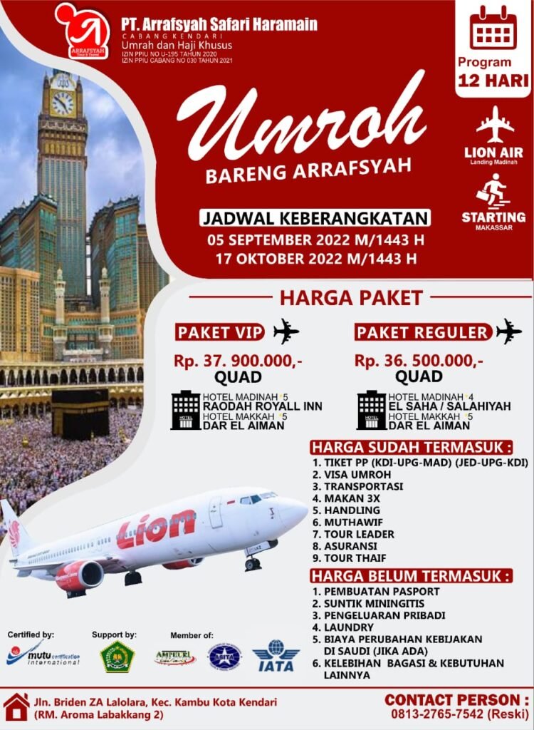 Pamflet berisi fasilitas dan besaran biaya jemaah umrah jika melalui PT Arrafsyah Safari Haramain Kendari.