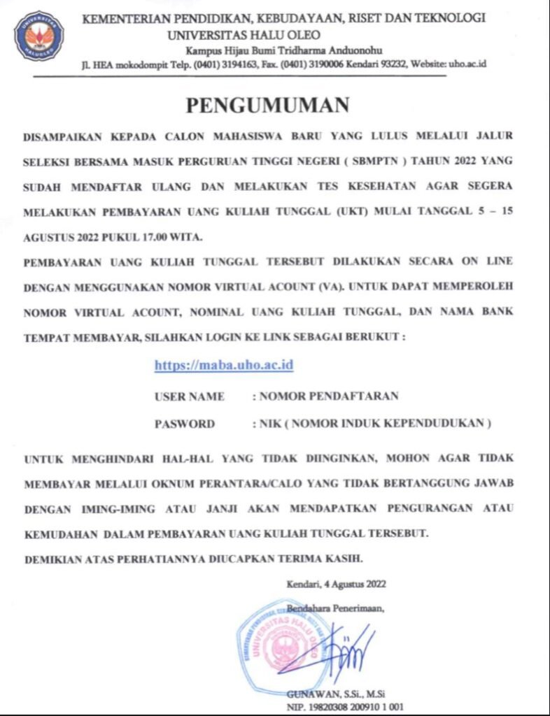 Pengumuan jadwal pembayaran UKT jalur SMBPTN UHO 2022.