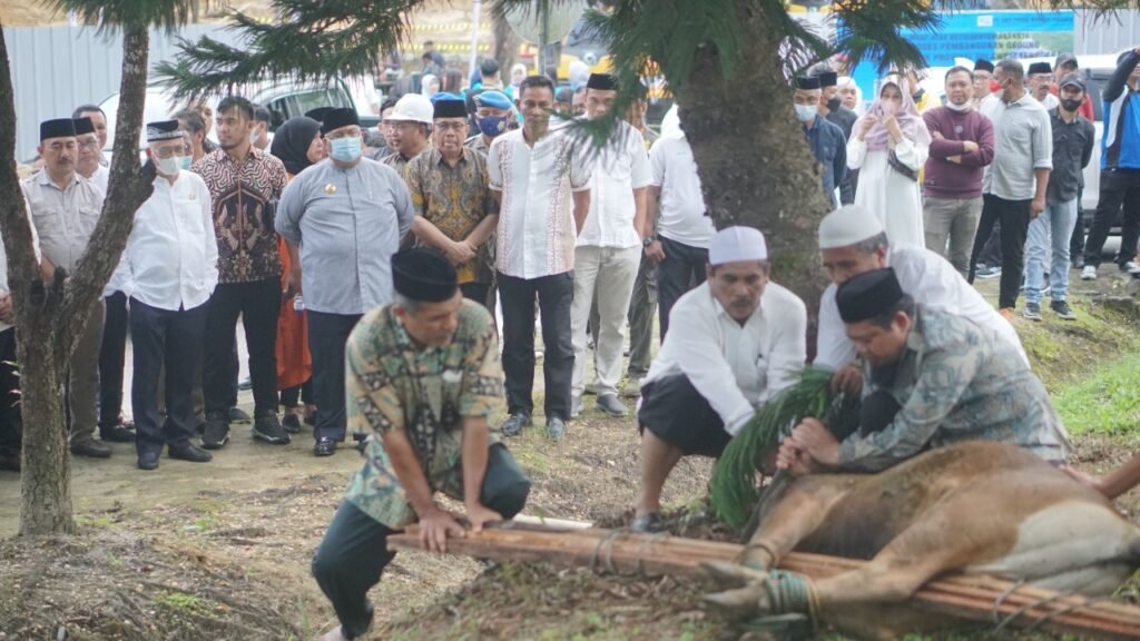 Gubernur Sultra, Ali Mazi menyaksikan pemotongan sapi sebagai bentuk rasa syukur pembangunan gedung baru Kantor Gubernur Sultra.