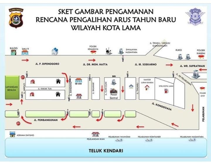 Peta pengalihan arus lalu lintas di beberapa titik di Kota Kendari saat malam Tahun Baru 2023.