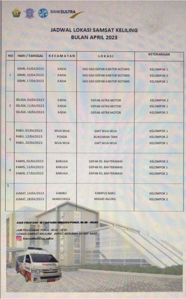 Jadwal samsat keliling di Kendari pada April 2023.