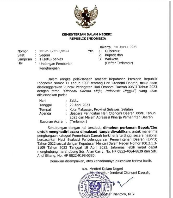Undangan dari Kemendagri untuk KSK menghadiri acara Peringatan Hari Otonomi Daerah ke-27.