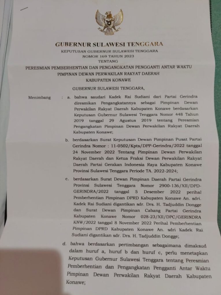 Penerimaan SK PAW Wakil Ketua DPRD Konawe dari Gubernur Sultra.