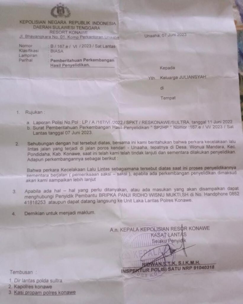 Kasus tabrak lari di Kecamatan Pondidaha, Kabupaten Konawe masuk penyelidikan dengan SP2HP dari Satlantas Polres Konawe. 