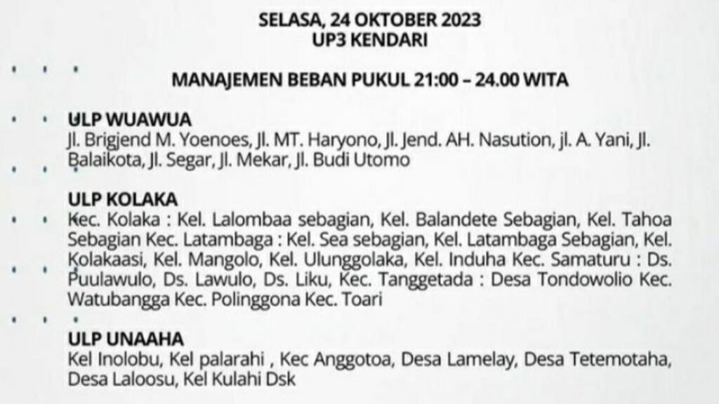 Daftar wilayah yang akan mengalami pemadaman mulai pukul 21.00 hingga 24.00 Wita.