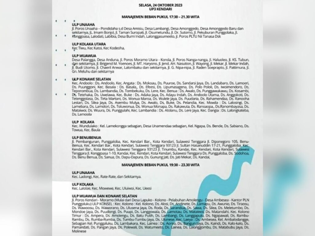 Daftar wilayah yang akan mengalami pemadaman mulai pukul 17.30 hingga 21.30 Wita.