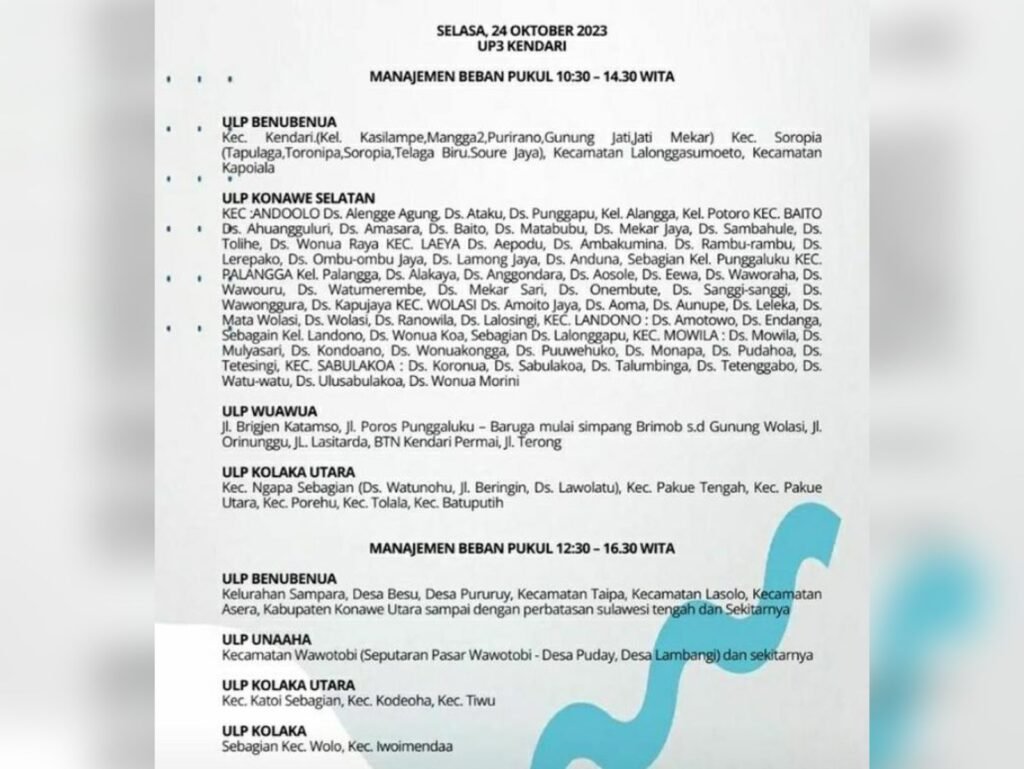 Daftar wilayah yang akan mengalami pemadaman mulai pukul 10.30 hingga 14.30 Wita.