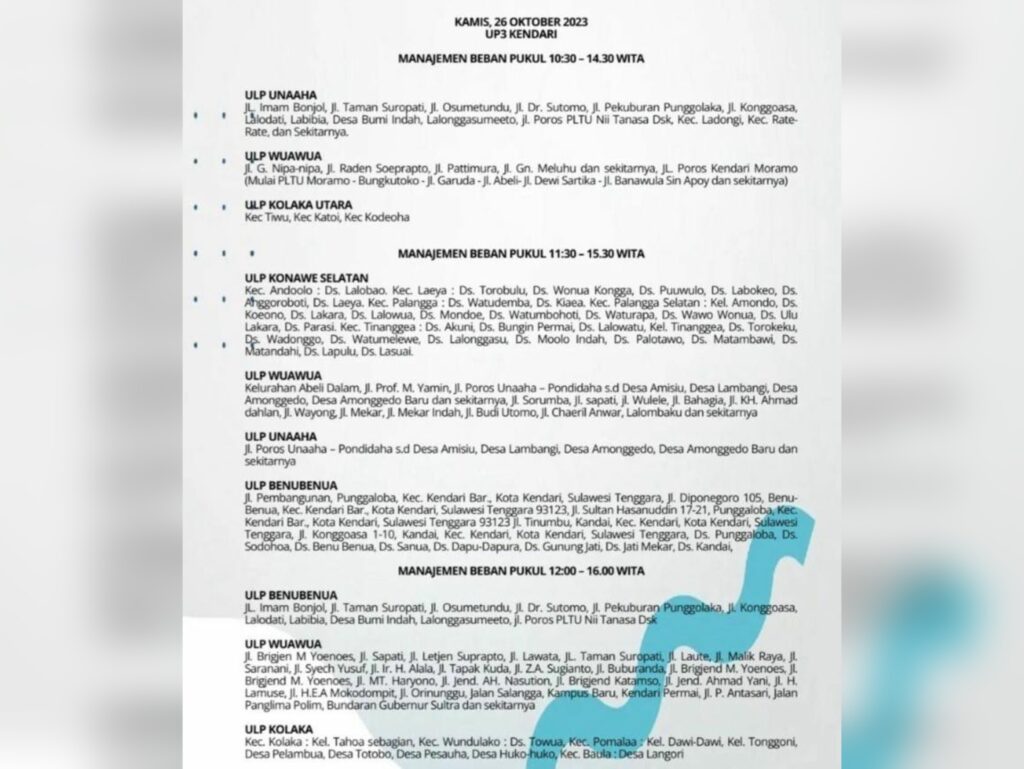 Daftar wilayah yang akan mengalami pemadaman mulai pukul 10.30 hingga 16.00 Wita.