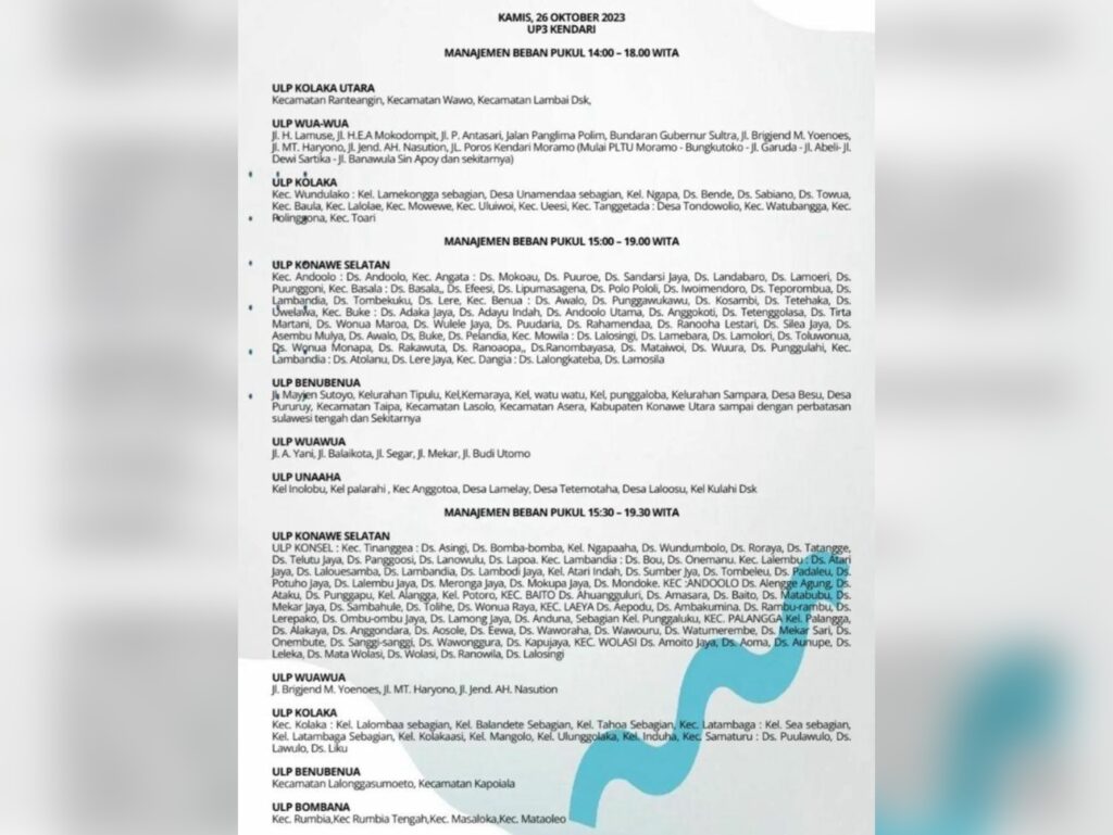 Daftar wilayah yang akan mengalami pemadaman mulai pukul 14.00 hingga 19.30 Wita.