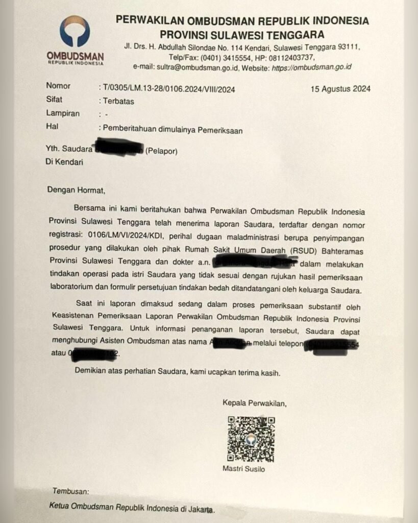 Surat pemberitahuan dimulainya pemeriksaan Ombudsman RI Perwakilan Sulawesi Tenggara (Sultra) terkait laporan inprosedur RSUD Bahteramas.