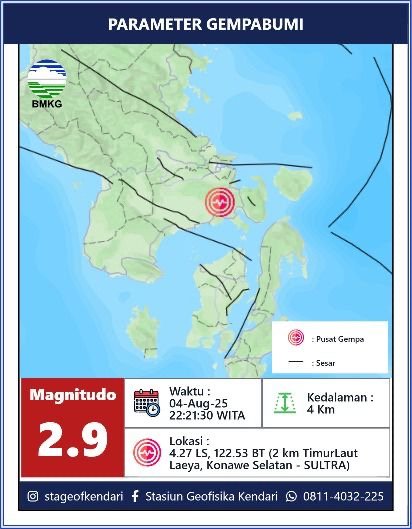 Gempa M 2,9 Guncang Konawe Selatan, Berpusat di Laeya Gempa M 2,9 Guncang Konawe Selatan, Berpusat di Laeya