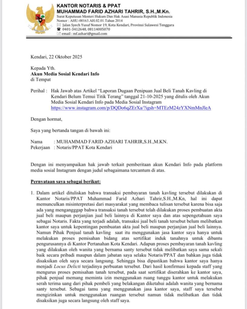 Tangkapan layar surat hak jawab notaris Muhammad Farid Azhari Tahrir yang dikirimkan ke kendariinfo.
