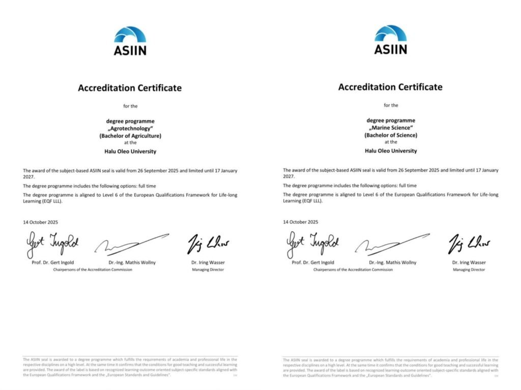 Sertifikat akreditasi internasional dari ASIIN untuk program studi di Universitas Halu Oleo (UHO) Kendari.