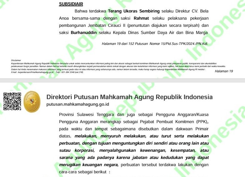 Lampiran dakwaan subsider dalam putusan perkara Nomor 15/Pid.Sus-TPK/2024/PN.Kdi atas nama terdakwa Terang Ukoras Sembiring yang menyebut Bupati Bombana, Burhanudin, terlibat korupsi proyek pembangunan Jembatan Cirauci II di Kabupaten Buton Utara (Butur), Sulawesi Tenggara (Sultra).