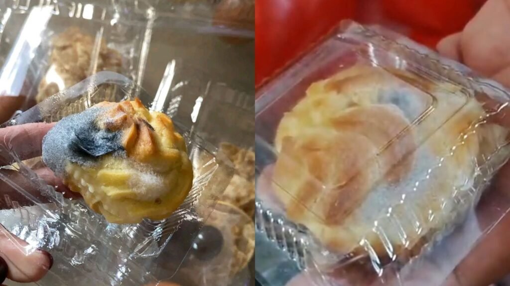 Tampak kue sus berjamur menu MBG dalam kemasan bening yang dibagikan kepada warga Desa Andalambe (kiri) dan Desa Olua Ao (kanan), Kecamatan Tongauna Utara, Kabupaten Konawe.