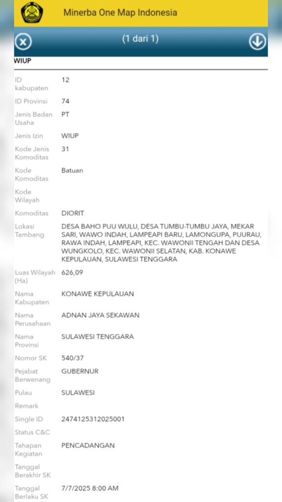 Profil wilayah izin usaha pertambangan (WIUP) batuan diorit PT Adnan Jaya Sekawan di Pulau Wawonii, Kabupaten Konawe Kepulauan (Konkep), pada geoportal atau mineral one map Indonesia (MOMI), situs Direktorat Jenderal (Ditjen) Mineral dan Batu Bara (Minerba), Kementerian Energi dan Sumber Daya Mineral (ESDM).