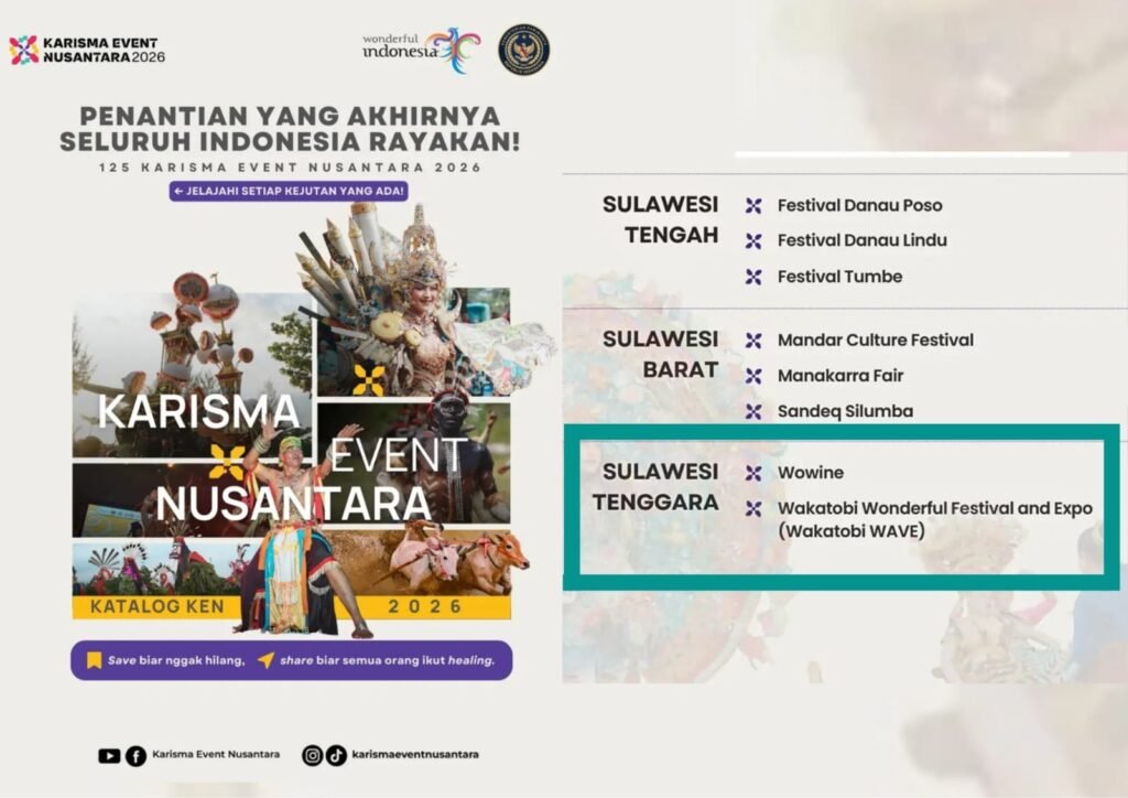 Pamflet pengumuman event unggulan Kabupaten Wakatobi; Festival Wowine dan Wakatobi Wonderful and Expo (WAVE), yang lolos Karisma Event Nusantara (KEN) 2026.