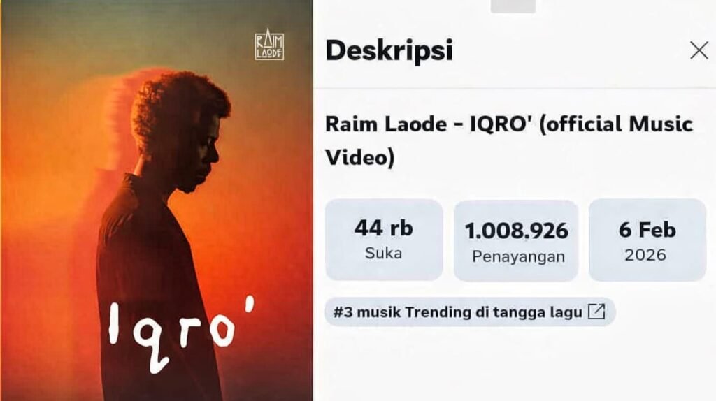 Cover dan deskripsi jumlah penonton musik video lagu "Iqro" di YouTube.
