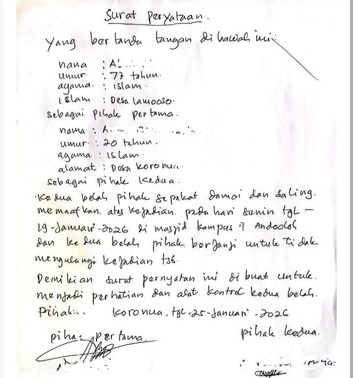 Surat pernyataan damai yang pernah dibuat antara terlapor dan mahasiswi korban pencabulan di Konsel.