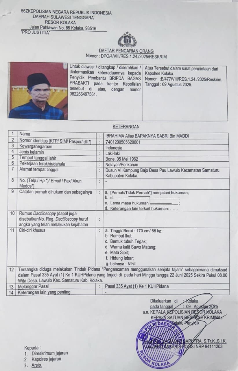Surat DPO terlapor, Ibrahima yang dikeluarkan Polres Kolaka terkait dugaan pengancaman menggunakan senjata tajam.