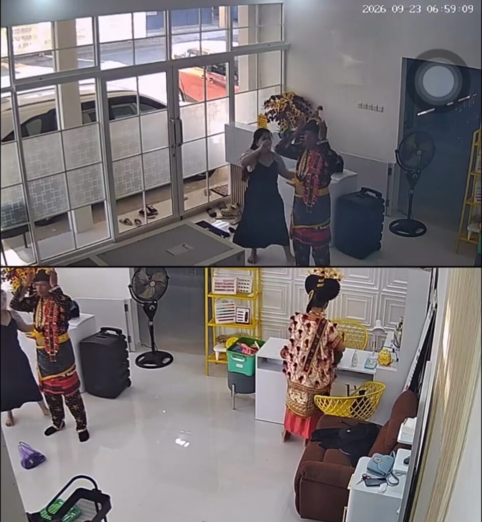Rekaman CCTV saat Amal Buton dan calon istrinya, Ratmin saat memakai pakaian adat Buton di galeri sanggar rias di Kelurahan Sulaa, Kecamatan Batoambari, Kota Baubau.