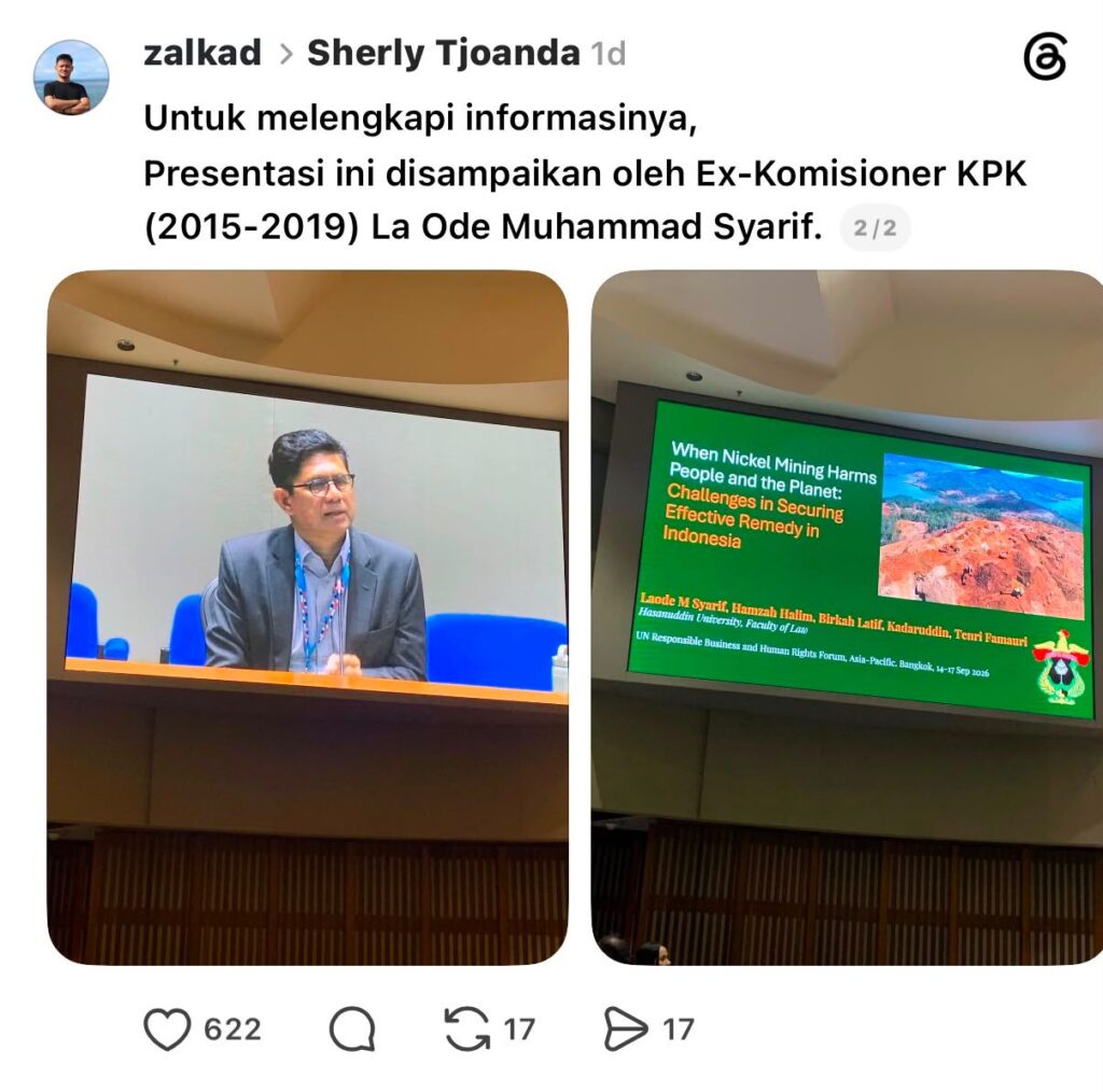 Mantan Komisioner KPK periode 2015 – 2019, La Ode Muhammad Syarif, saat menyampaikan materi dalam forum UN Responsible Business and Human Rights Forum, Asia Pacific di Bangkok, Thailand. Potongan salindia tersebut diunggah akun Threads Zalkad.