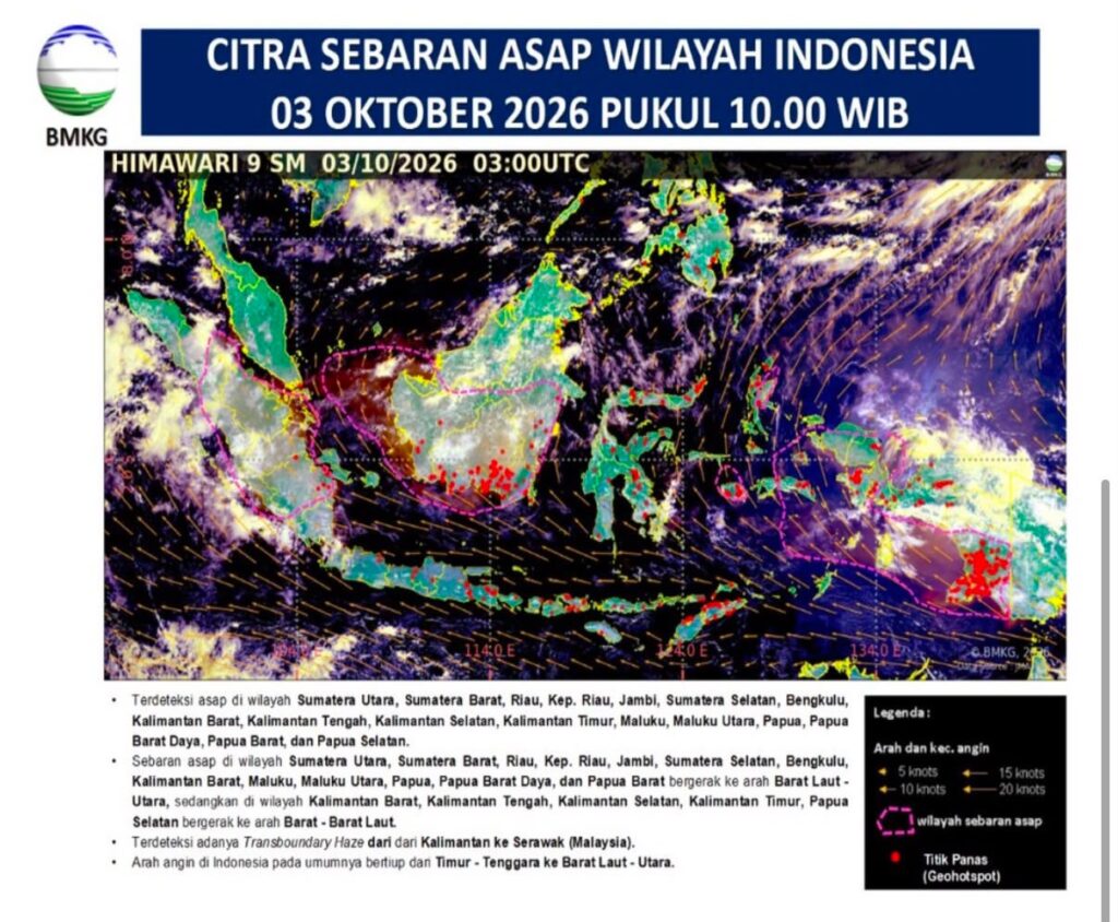 Peta sebaran asap di wilayah Indonesia yang disebut BMKG jadi sebab kabut tipis selimuti langit Kota Kendari dan sekitarnya.
