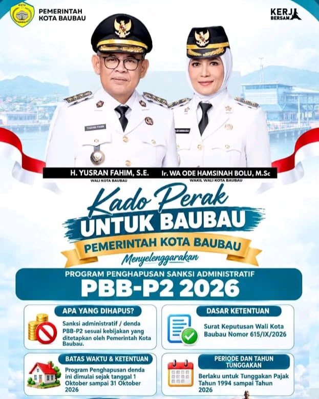 Pemkot Baubau Bebaskan Denda PBB-P2, Berlaku 1 – 31 Oktober 2026 Pemkot Baubau Bebaskan Denda PBB-P2, Berlaku 1 – 31 Oktober 2026