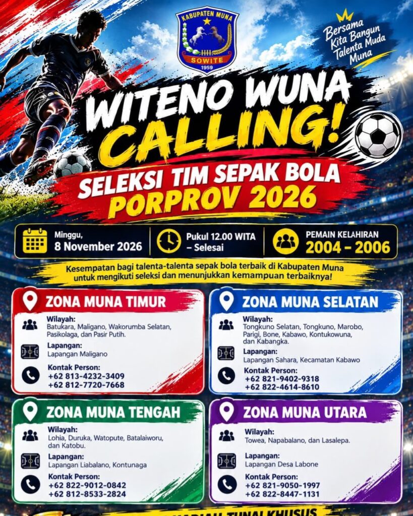 Flayer seleksi tim sepak bola Kabupaten Muna, Sulawesi Tenggara (Sultra).